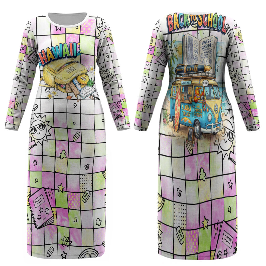 Hawaii Cruising Back To School Family Matching Long Sleeve Bodycon Dress and Hawaiian Shirt Grid Pattern With School Bag And Vintage Surf Van TS04 Mom's Dress White Yellow - Polynesian Pride