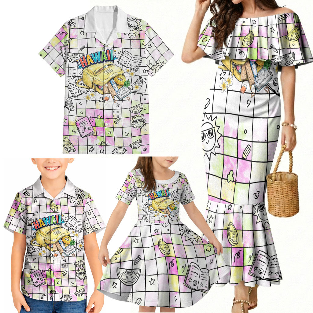 Hawaii Cruising Back To School Family Matching Mermaid Dress and Hawaiian Shirt Grid Pattern With School Bag And Vintage Surf Van TS04 - Polynesian Pride