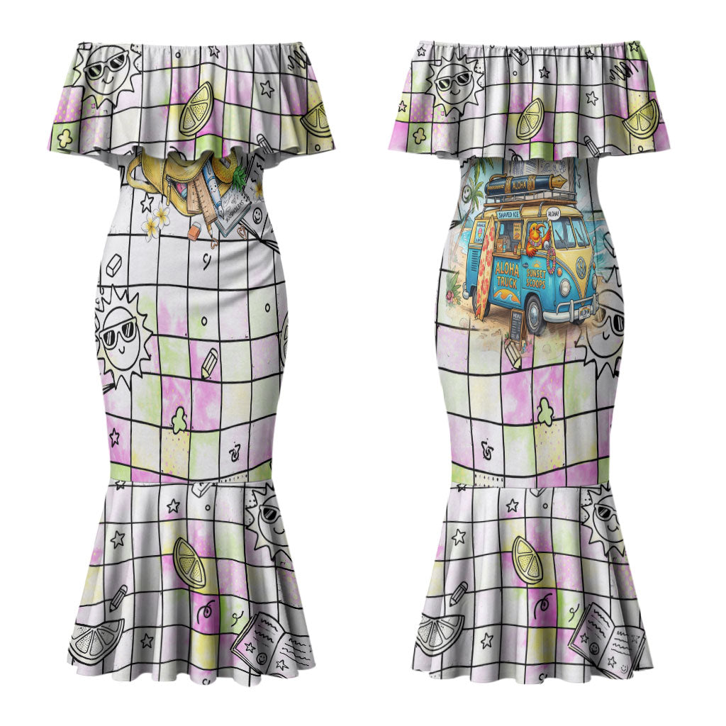 Hawaii Cruising Back To School Family Matching Mermaid Dress and Hawaiian Shirt Grid Pattern With School Bag And Vintage Surf Van TS04 Mom's Dress White Yellow - Polynesian Pride