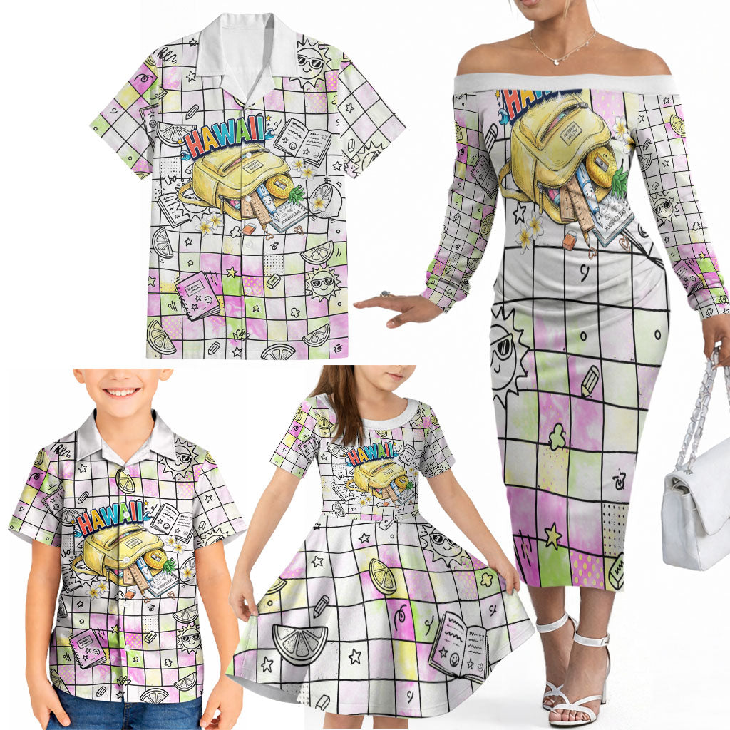 Hawaii Cruising Back To School Family Matching Off The Shoulder Long Sleeve Dress and Hawaiian Shirt Grid Pattern With School Bag And Vintage Surf Van TS04 - Polynesian Pride