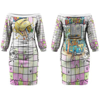 Hawaii Cruising Back To School Family Matching Off The Shoulder Long Sleeve Dress and Hawaiian Shirt Grid Pattern With School Bag And Vintage Surf Van TS04 Mom's Dress White Yellow - Polynesian Pride