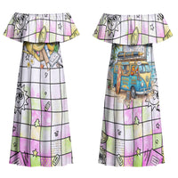 Hawaii Cruising Back To School Family Matching Off Shoulder Maxi Dress and Hawaiian Shirt Grid Pattern With School Bag And Vintage Surf Van TS04 Mom's Dress White Yellow - Polynesian Pride