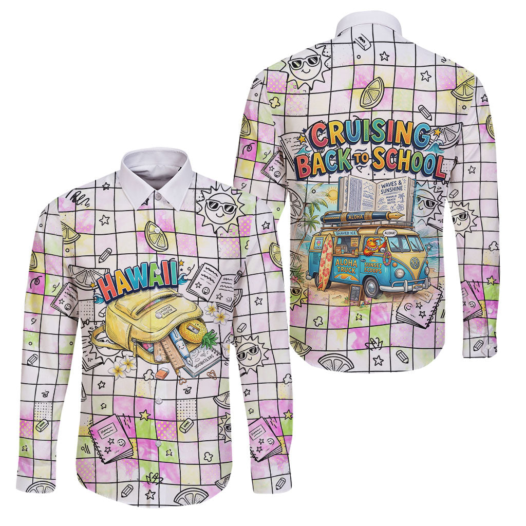 Hawaii Cruising Back To School Family Matching Off Shoulder Maxi Dress and Hawaiian Shirt Grid Pattern With School Bag And Vintage Surf Van TS04 Dad's Shirt - Long Sleeve White Yellow - Polynesian Pride