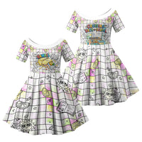 Hawaii Cruising Back To School Family Matching Off Shoulder Maxi Dress and Hawaiian Shirt Grid Pattern With School Bag And Vintage Surf Van TS04 Daughter's Dress White Yellow - Polynesian Pride