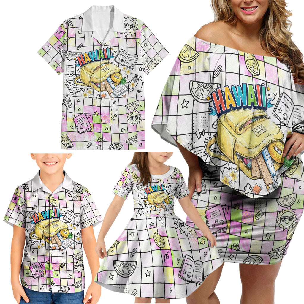 Hawaii Cruising Back To School Family Matching Off Shoulder Short Dress and Hawaiian Shirt Grid Pattern With School Bag And Vintage Surf Van TS04 - Polynesian Pride