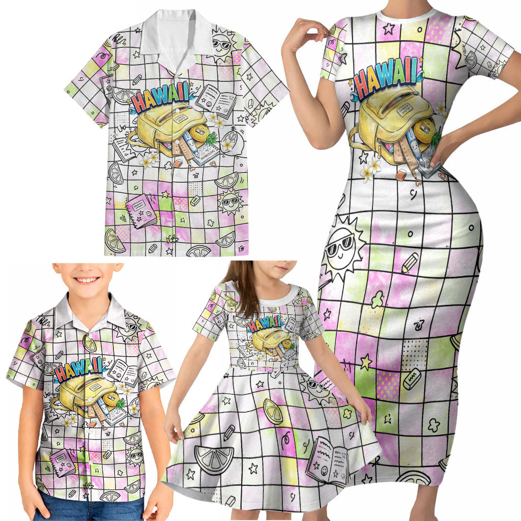 Hawaii Cruising Back To School Family Matching Short Sleeve Bodycon Dress and Hawaiian Shirt Grid Pattern With School Bag And Vintage Surf Van TS04 - Polynesian Pride