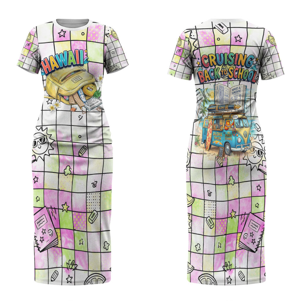 Hawaii Cruising Back To School Family Matching Short Sleeve Bodycon Dress and Hawaiian Shirt Grid Pattern With School Bag And Vintage Surf Van TS04 Mom's Dress White Yellow - Polynesian Pride