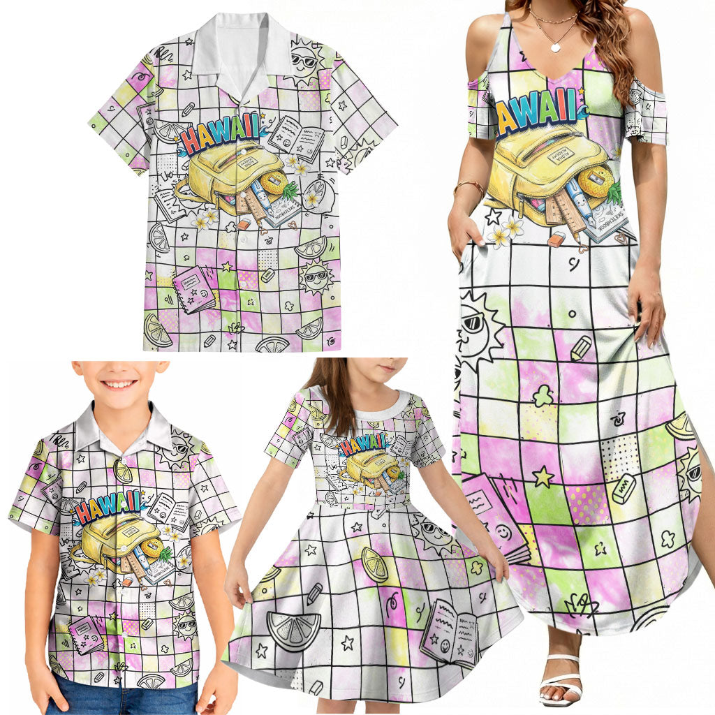 Hawaii Cruising Back To School Family Matching Summer Maxi Dress and Hawaiian Shirt Grid Pattern With School Bag And Vintage Surf Van TS04 - Polynesian Pride