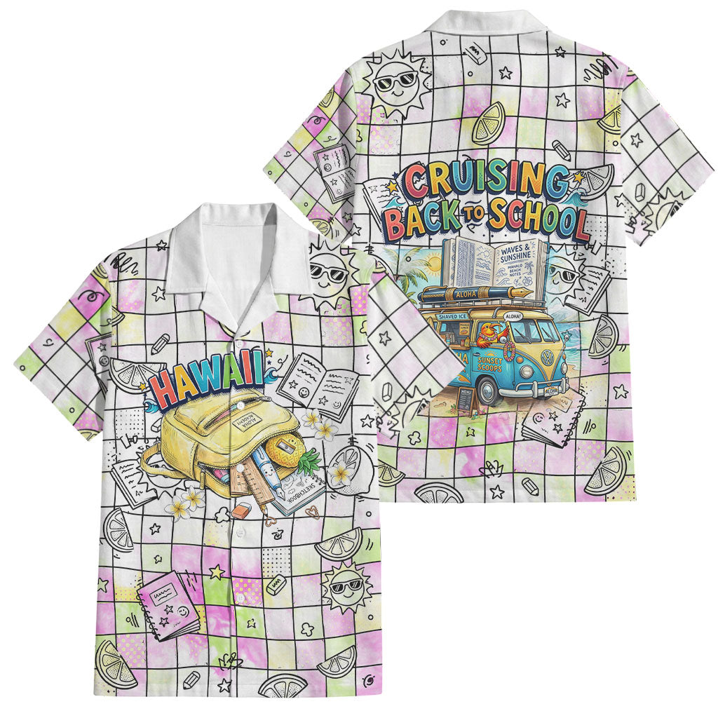 Hawaii Cruising Back To School Family Matching Tank Maxi Dress and Hawaiian Shirt Grid Pattern With School Bag And Vintage Surf Van TS04 Dad's Shirt - Short Sleeve White Yellow - Polynesian Pride