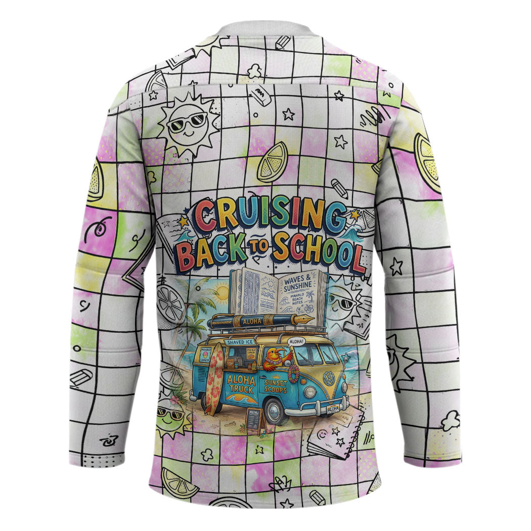 Hawaii Cruising Back To School Hockey Jersey Grid Pattern With School Bag And Vintage Surf Van TS04 - Polynesian Pride