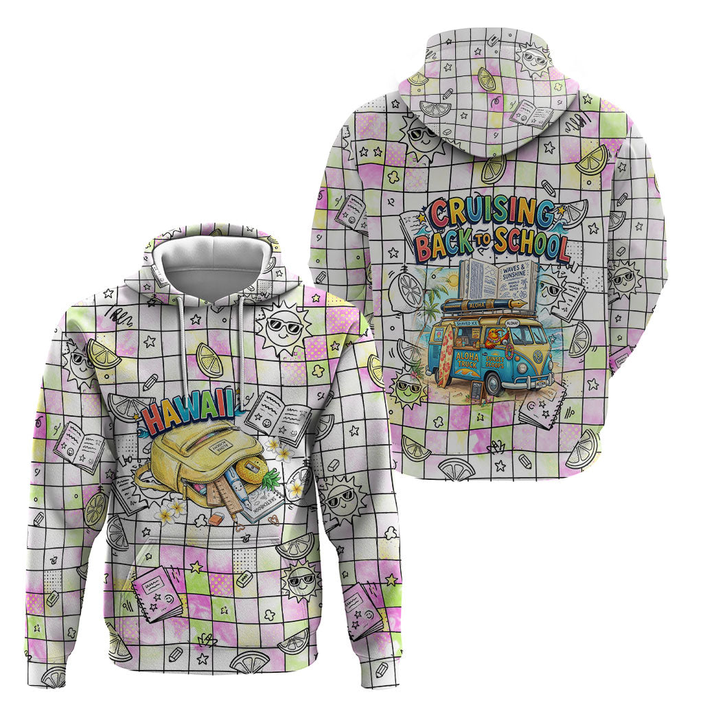 Hawaii Cruising Back To School Hoodie Grid Pattern With School Bag And Vintage Surf Van