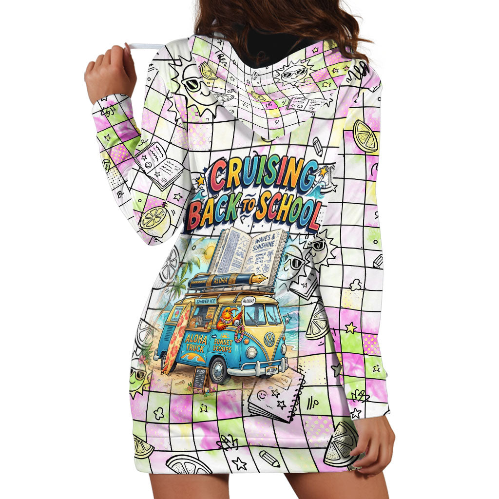 Hawaii Cruising Back To School Hoodie Dress Grid Pattern With School Bag And Vintage Surf Van TS04 - Polynesian Pride