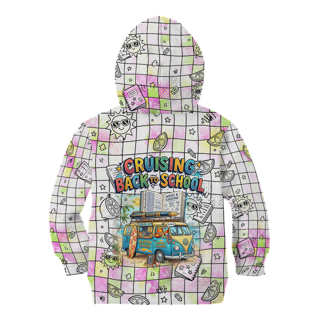 Hawaii Cruising Back To School Kid Hoodie Grid Pattern With School Bag And Vintage Surf Van