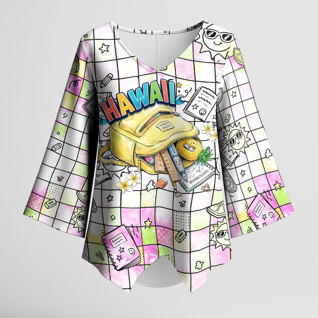 Hawaii Cruising Back To School Kimono Sleeve Blouse Grid Pattern With School Bag And Vintage Surf Van