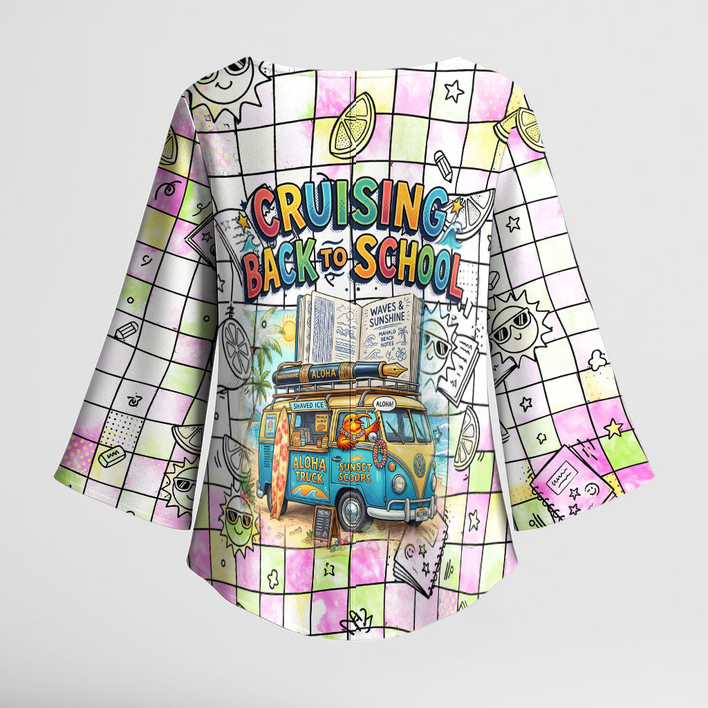 Hawaii Cruising Back To School Kimono Sleeve Blouse Grid Pattern With School Bag And Vintage Surf Van