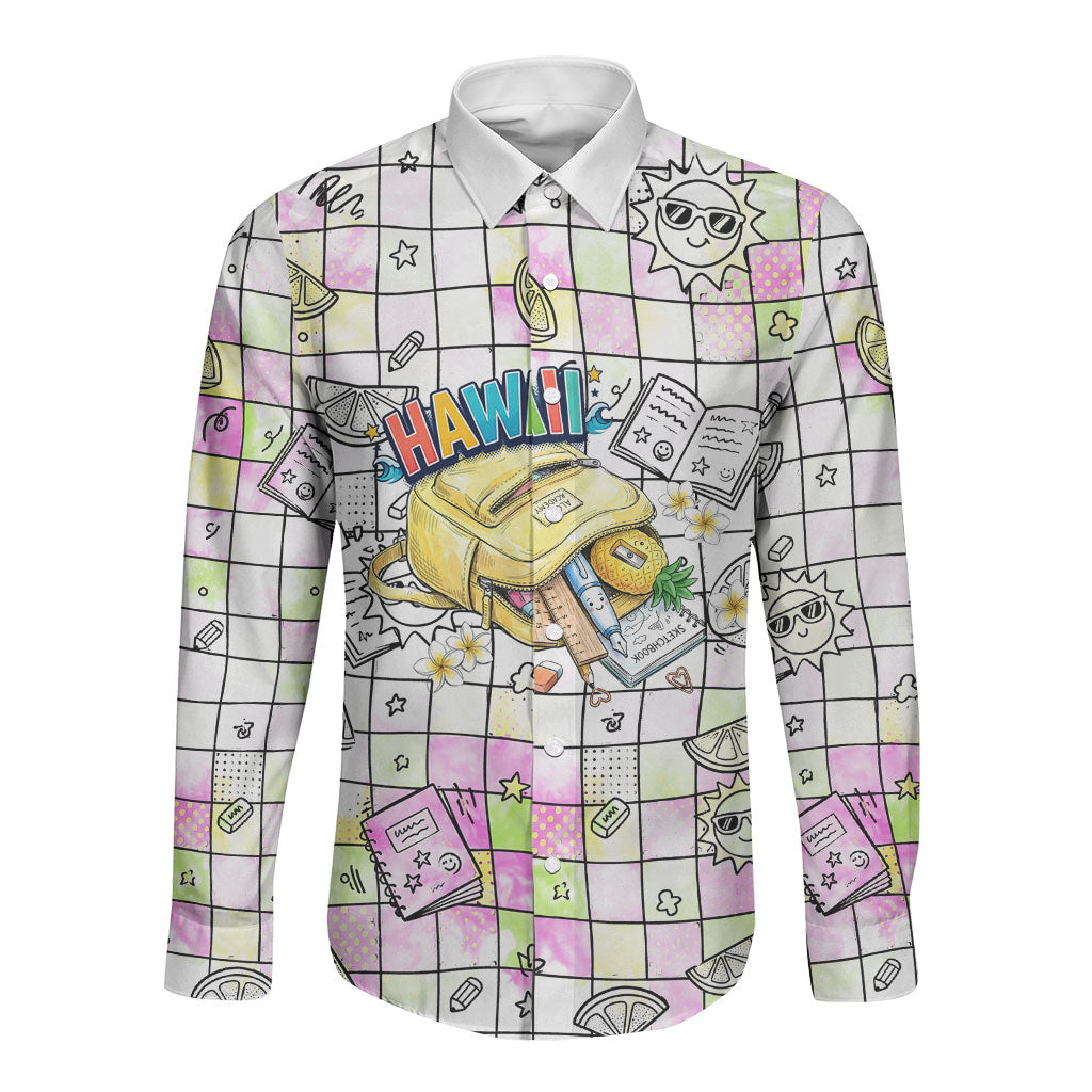 Hawaii Cruising Back To School Long Sleeve Button Shirt Grid Pattern With School Bag And Vintage Surf Van TS04 Unisex White Yellow - Polynesian Pride