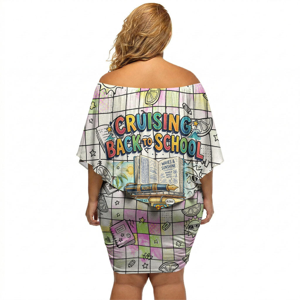 Hawaii Cruising Back To School Off Shoulder Short Dress Grid Pattern With School Bag And Vintage Surf Van TS04 - Polynesian Pride