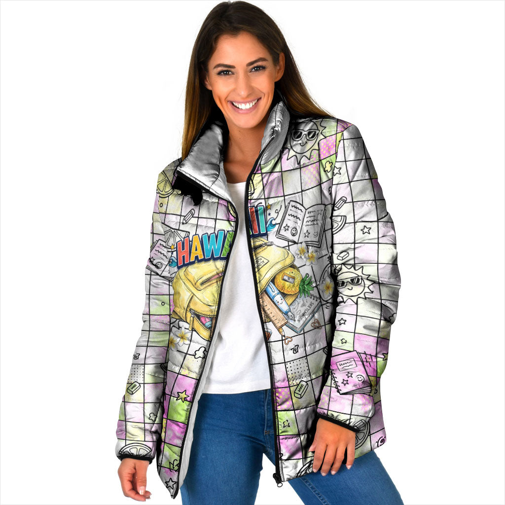 Hawaii Cruising Back To School Padded Jacket Grid Pattern With School Bag And Vintage Surf Van TS04 Women White Yellow - Polynesian Pride
