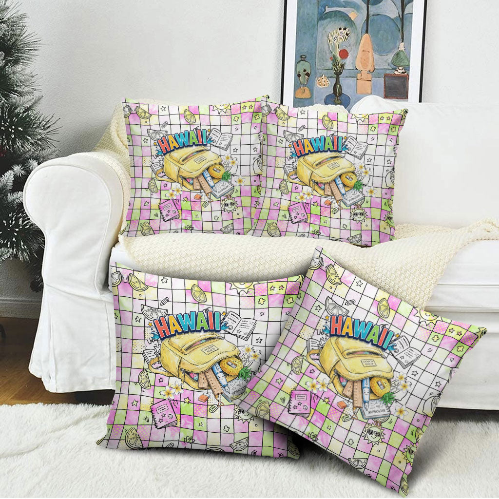 Hawaii Cruising Back To School Pillow Cover Grid Pattern With School Bag And Vintage Surf Van