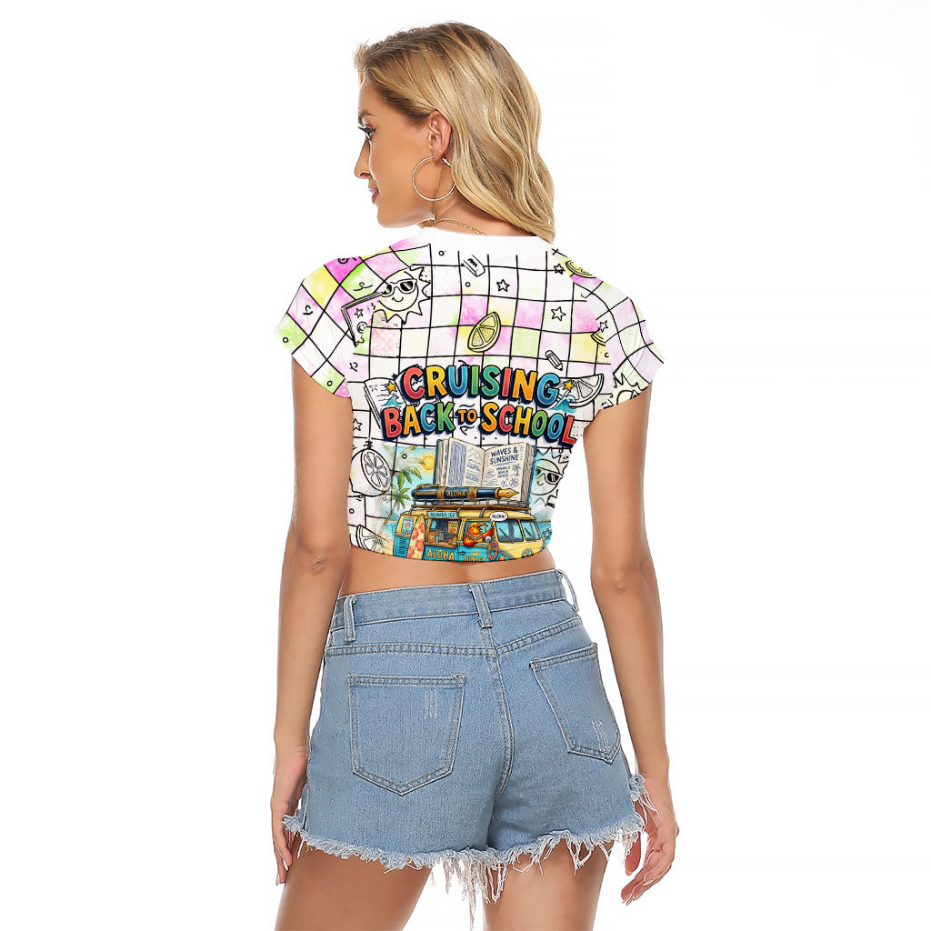 Hawaii Cruising Back To School Raglan Cropped T Shirt Grid Pattern With School Bag And Vintage Surf Van TS04 - Polynesian Pride