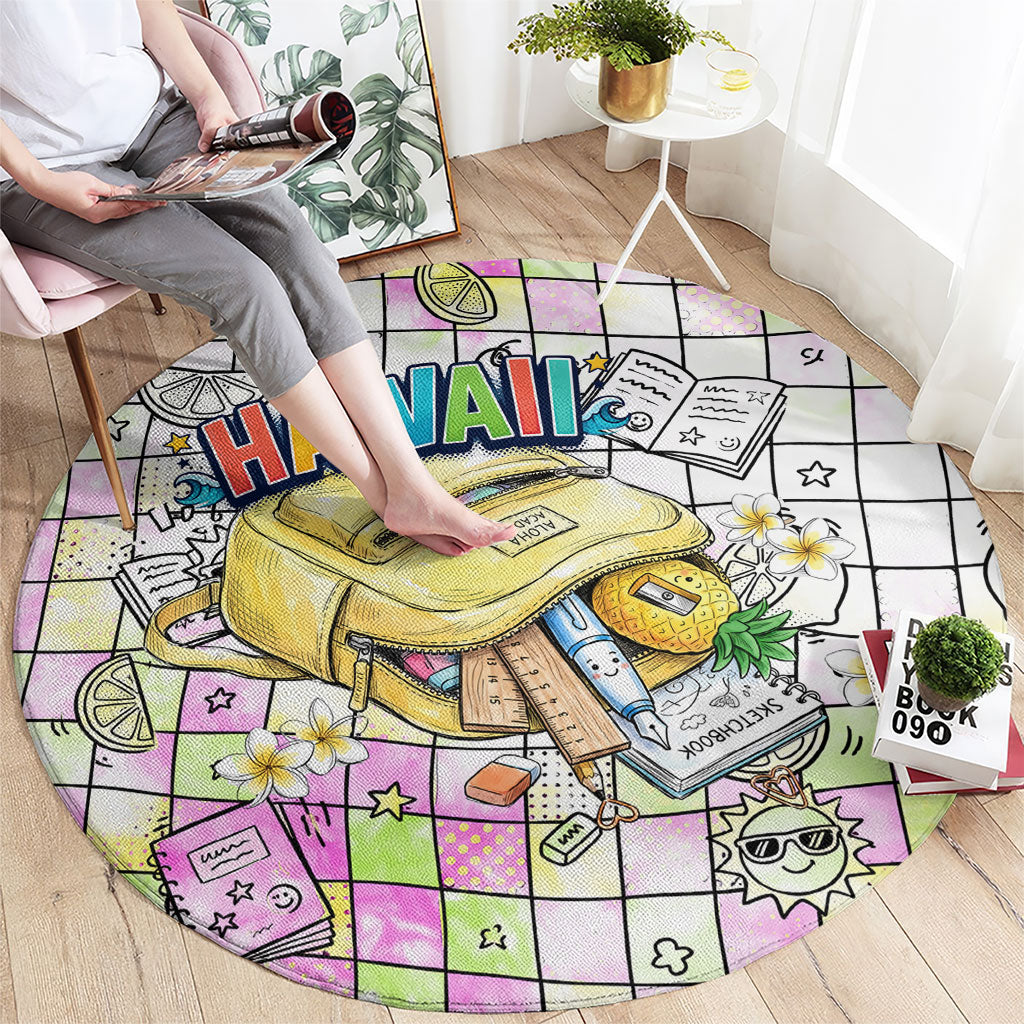 Hawaii Cruising Back To School Round Carpet Grid Pattern With School Bag And Vintage Surf Van