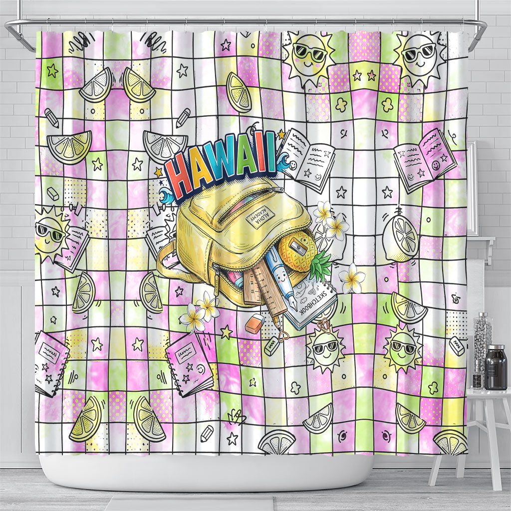 Hawaii Cruising Back To School Shower Curtain Grid Pattern With School Bag And Vintage Surf Van TS04 - Polynesian Pride