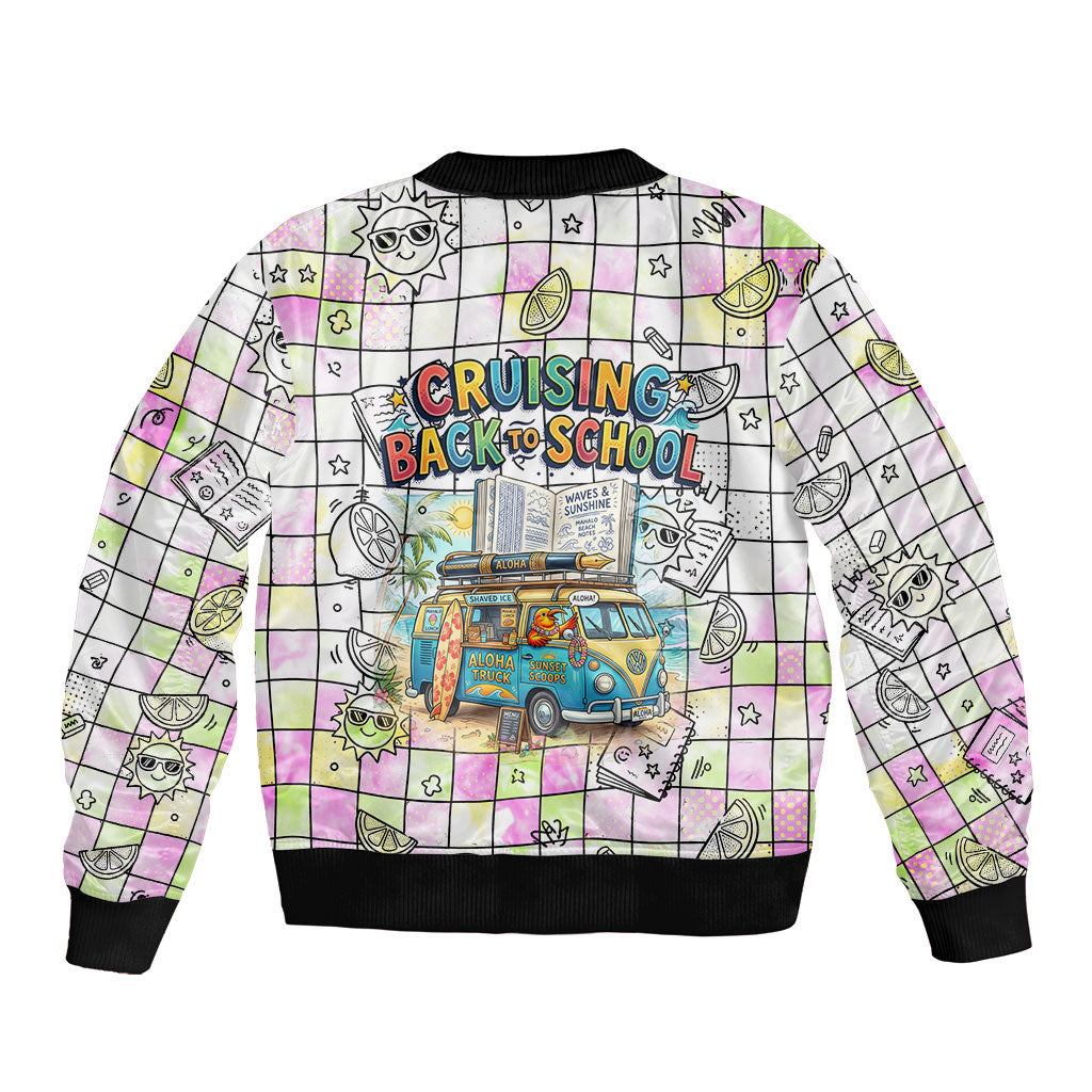 Hawaii Cruising Back To School Sleeve Zip Bomber Jacket Grid Pattern With School Bag And Vintage Surf Van TS04 - Polynesian Pride