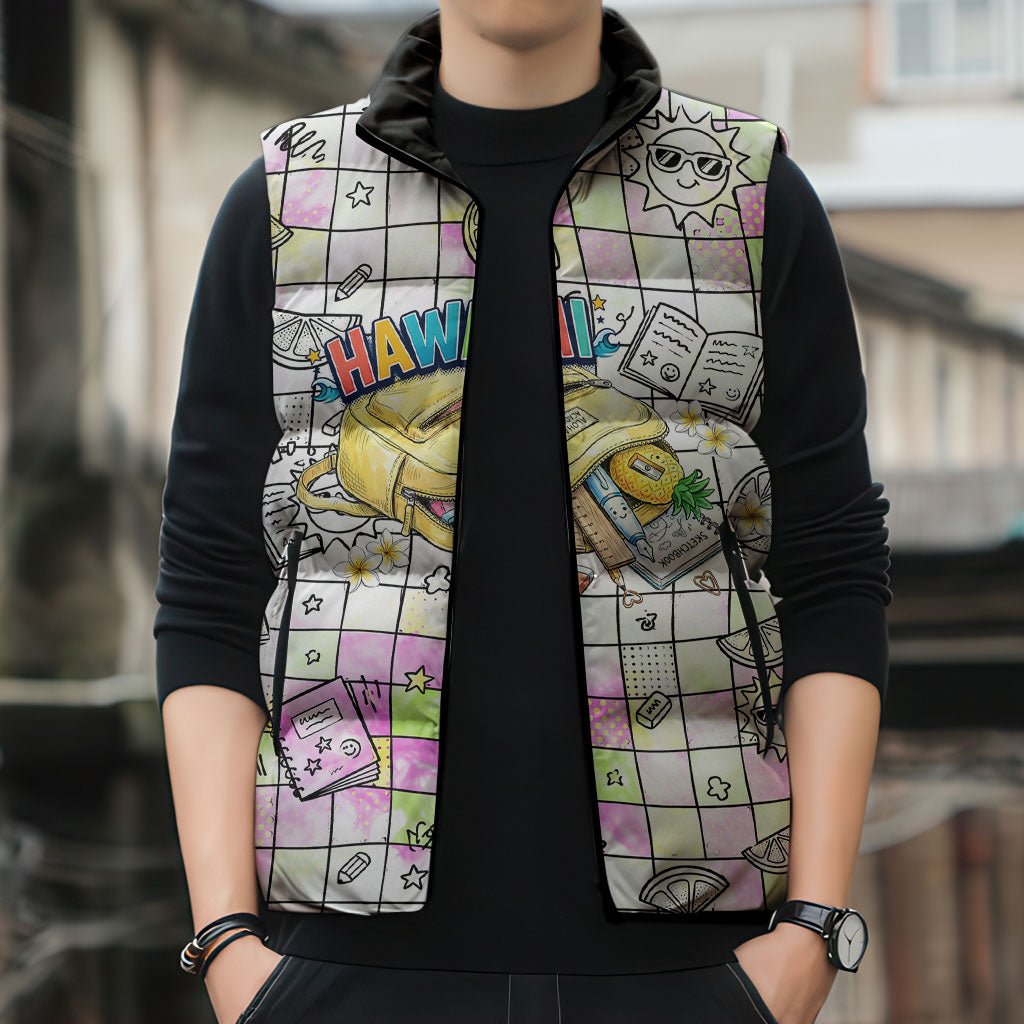 Hawaii Cruising Back To School Sleeveless Puffer Jacket Grid Pattern With School Bag And Vintage Surf Van TS04 - Polynesian Pride