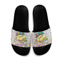 Hawaii Cruising Back To School Slide Sandals Grid Pattern With School Bag And Vintage Surf Van TS04 White Yellow - Polynesian Pride