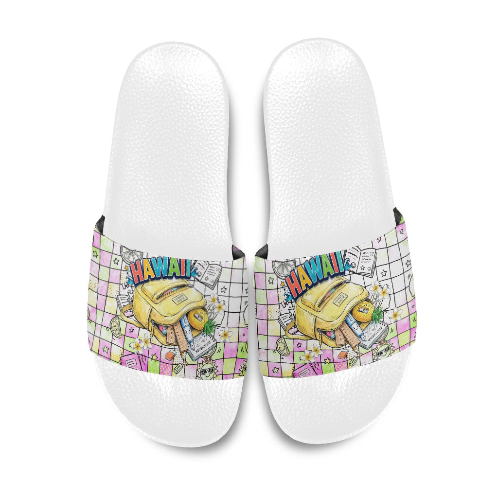 Hawaii Cruising Back To School Slide Sandals Grid Pattern With School Bag And Vintage Surf Van TS04 White Yellow - Polynesian Pride