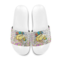 Hawaii Cruising Back To School Slide Sandals Grid Pattern With School Bag And Vintage Surf Van TS04 White Yellow - Polynesian Pride