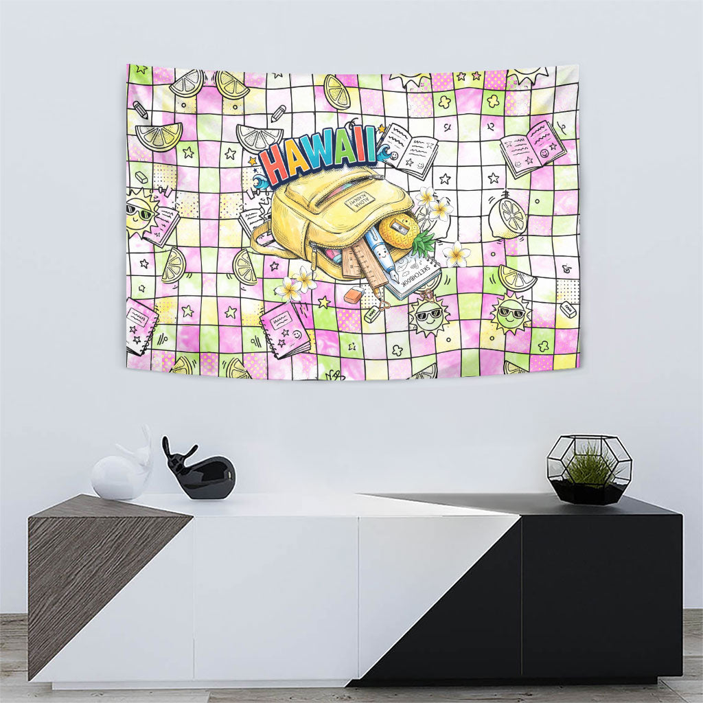 Hawaii Cruising Back To School Tapestry Grid Pattern With School Bag And Vintage Surf Van TS04 - Polynesian Pride