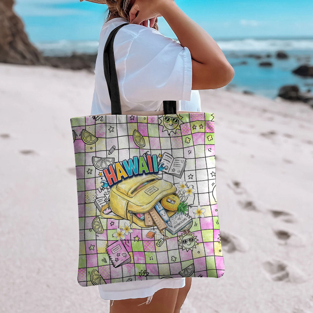 Hawaii Cruising Back To School Tote Bag Grid Pattern With School Bag And Vintage Surf Van TS04 - Polynesian Pride