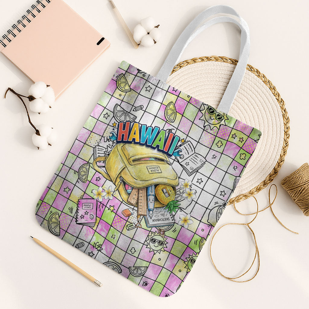 Hawaii Cruising Back To School Tote Bag Grid Pattern With School Bag And Vintage Surf Van TS04 White Strap One Size White Yellow - Polynesian Pride