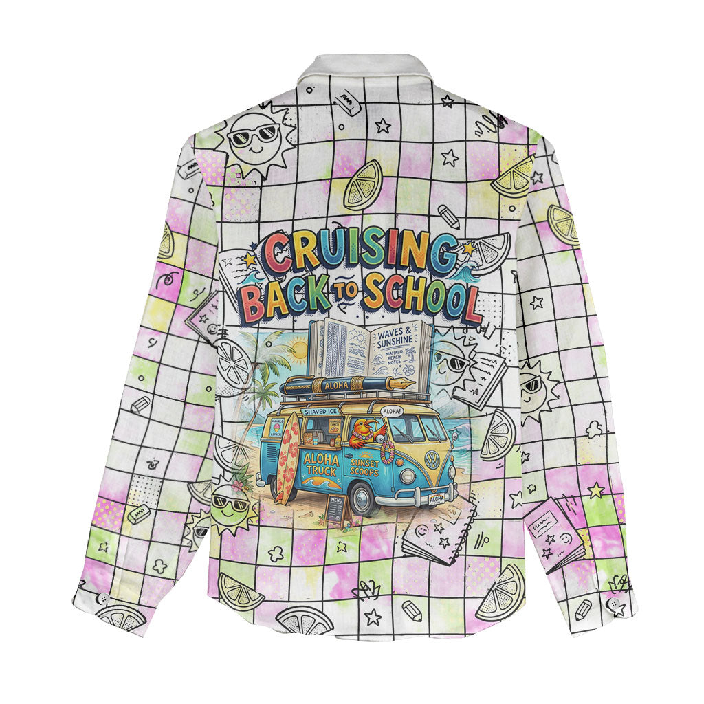 Hawaii Cruising Back To School Women Casual Shirt Grid Pattern With School Bag And Vintage Surf Van TS04 - Polynesian Pride