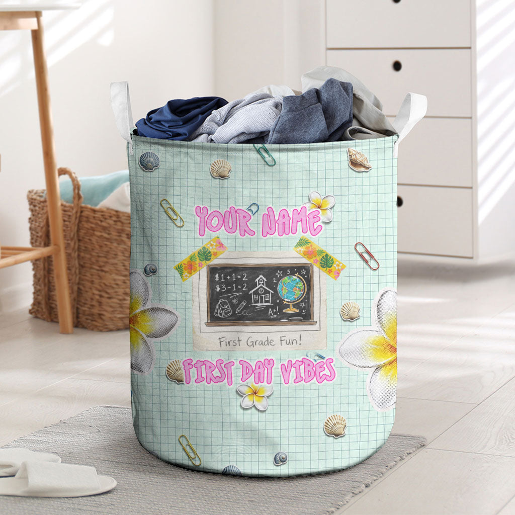 Personalized Hawaii Back To School Dolphin Laundry Basket Grid Notebook Background With Dolphin Mascot And Plumeria Flowers TS04 Green White - Polynesian Pride