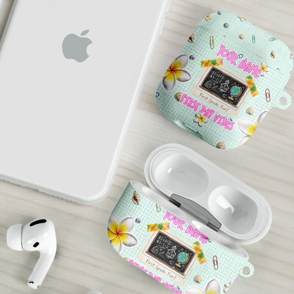 Personalized Hawaii Back To School Dolphin AirPods Case Grid Notebook Background With Dolphin Mascot And Plumeria Flowers TS04 - Polynesian Pride