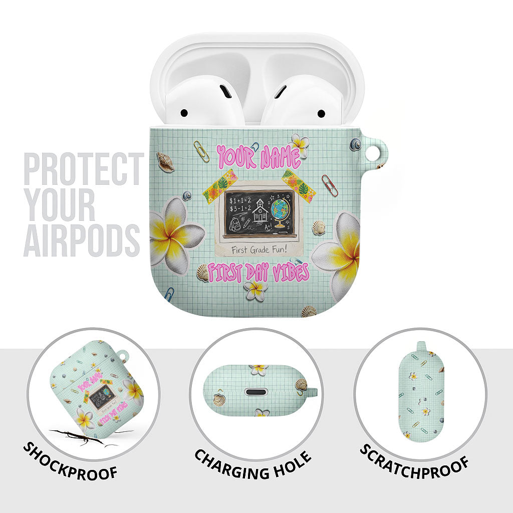 Personalized Hawaii Back To School Dolphin AirPods Case Grid Notebook Background With Dolphin Mascot And Plumeria Flowers TS04 - Polynesian Pride