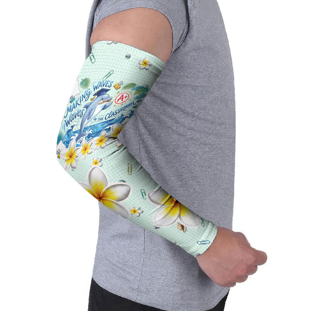 Personalized Hawaii Back To School Dolphin Arm Sleeves Grid Notebook Background With Dolphin Mascot And Plumeria Flowers TS04 - Polynesian Pride