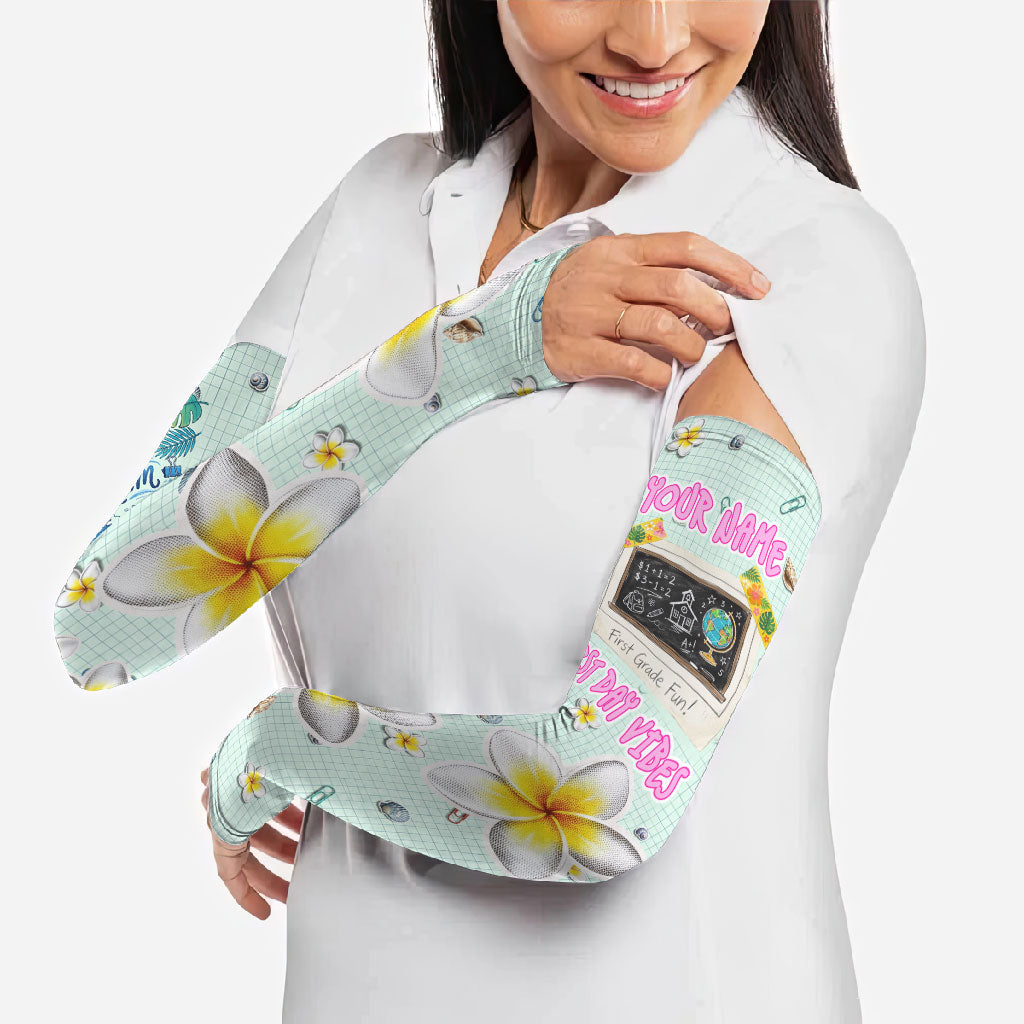 Personalized Hawaii Back To School Dolphin Arm Sleeves Grid Notebook Background With Dolphin Mascot And Plumeria Flowers TS04 - Polynesian Pride
