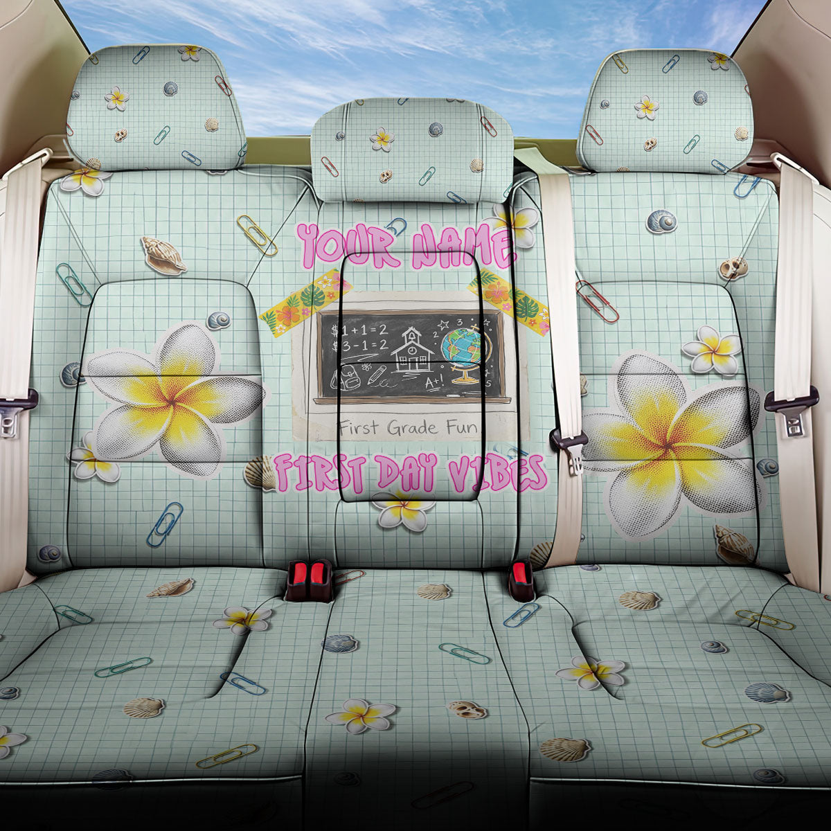 Personalized Hawaii Back To School Dolphin Back Car Seat Cover Grid Notebook Background With Dolphin Mascot And Plumeria Flowers TS04 One Size Green White - Polynesian Pride