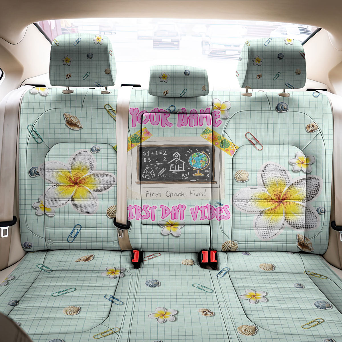 Personalized Hawaii Back To School Dolphin Back Car Seat Cover Grid Notebook Background With Dolphin Mascot And Plumeria Flowers TS04 - Polynesian Pride