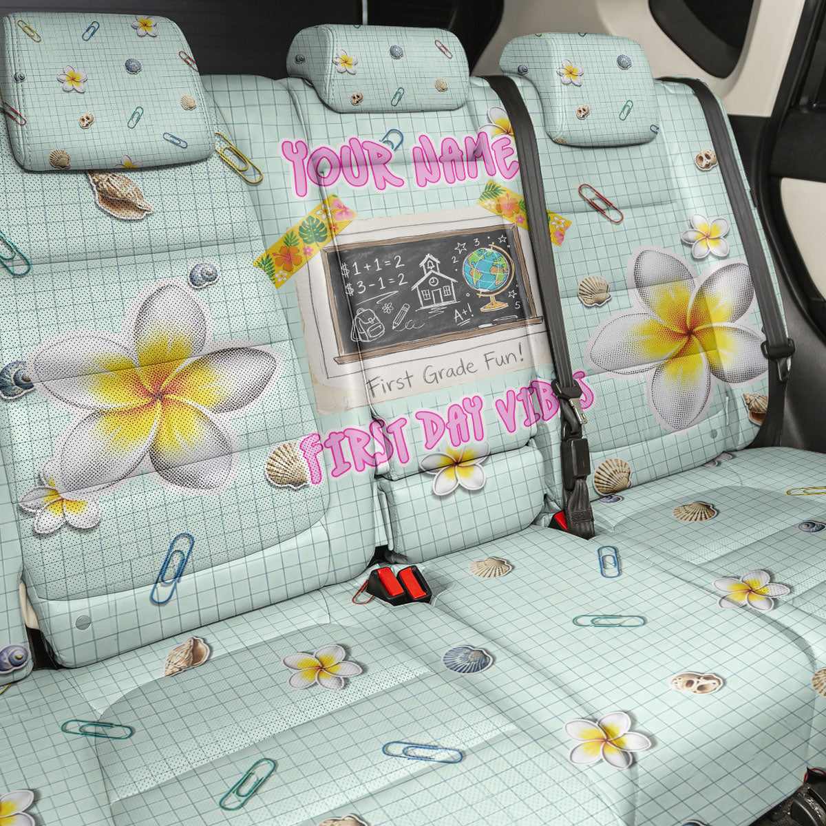 Personalized Hawaii Back To School Dolphin Back Car Seat Cover Grid Notebook Background With Dolphin Mascot And Plumeria Flowers TS04 - Polynesian Pride