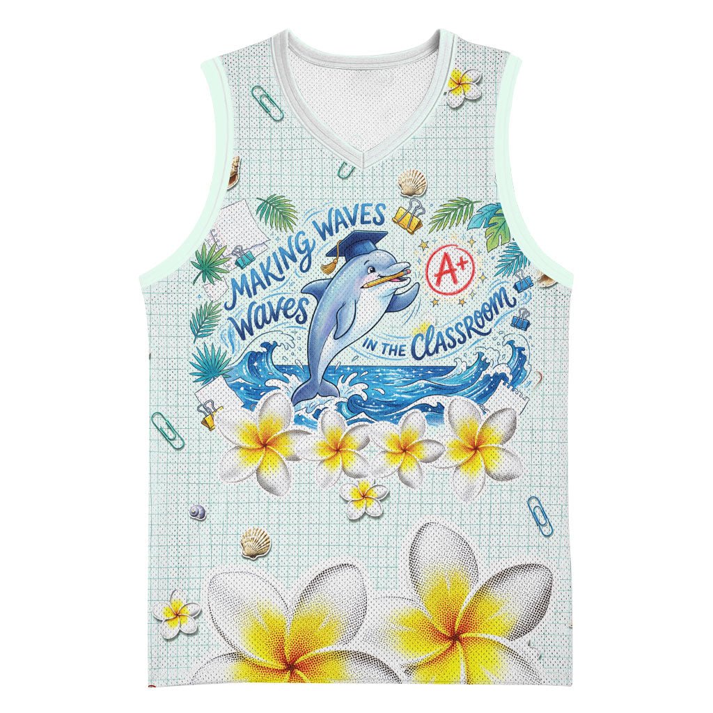 Personalized Hawaii Back To School Dolphin Basketball Jersey Grid Notebook Background With Dolphin Mascot And Plumeria Flowers TS04 Unisex Green White - Polynesian Pride
