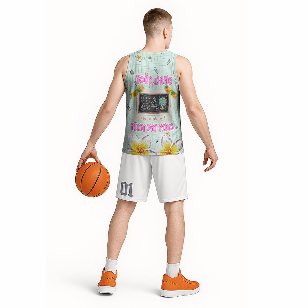 Personalized Hawaii Back To School Dolphin Basketball Jersey Grid Notebook Background With Dolphin Mascot And Plumeria Flowers TS04 - Polynesian Pride