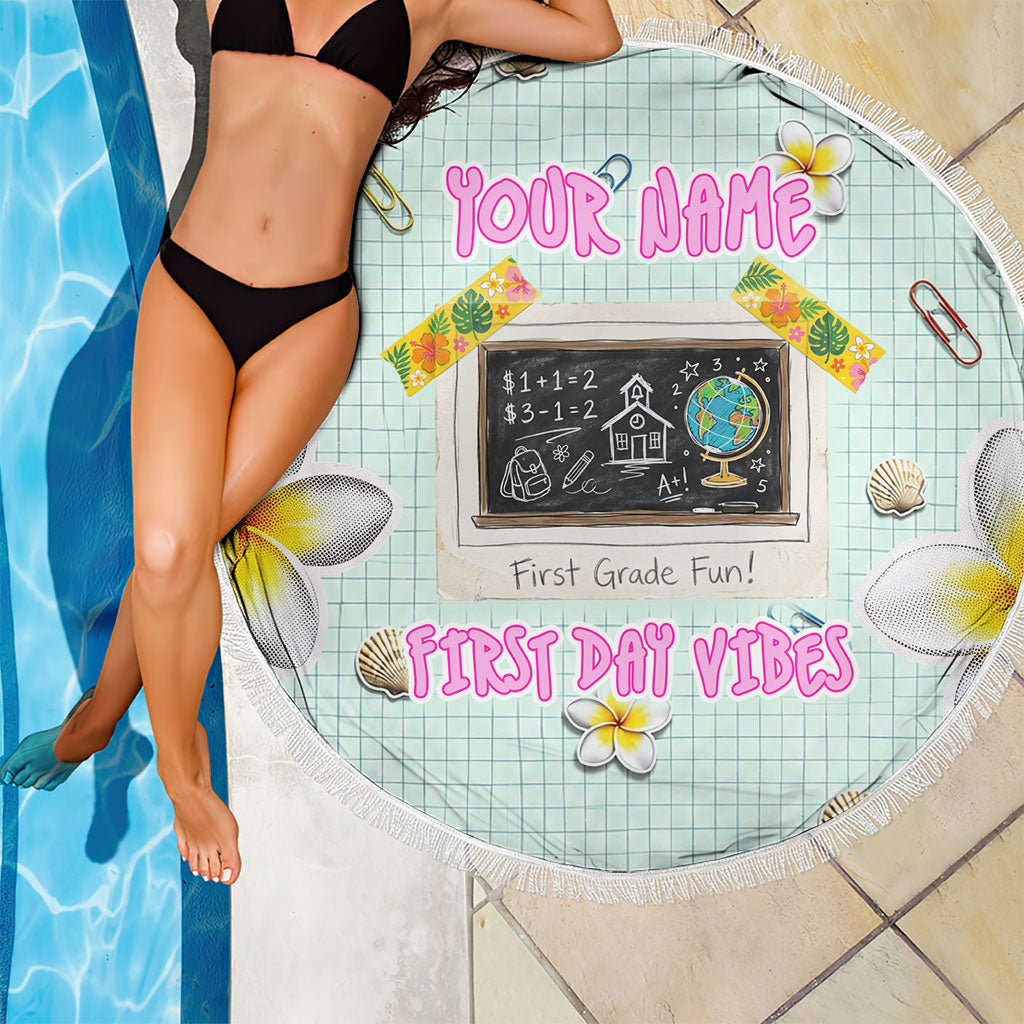 Personalized Hawaii Back To School Dolphin Beach Blanket Grid Notebook Background With Dolphin Mascot And Plumeria Flowers TS04 - Polynesian Pride