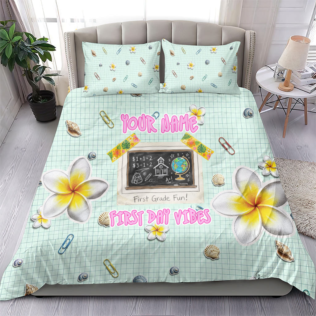 Personalized Hawaii Back To School Dolphin Bedding Set Grid Notebook Background With Dolphin Mascot And Plumeria Flowers TS04 - Polynesian Pride
