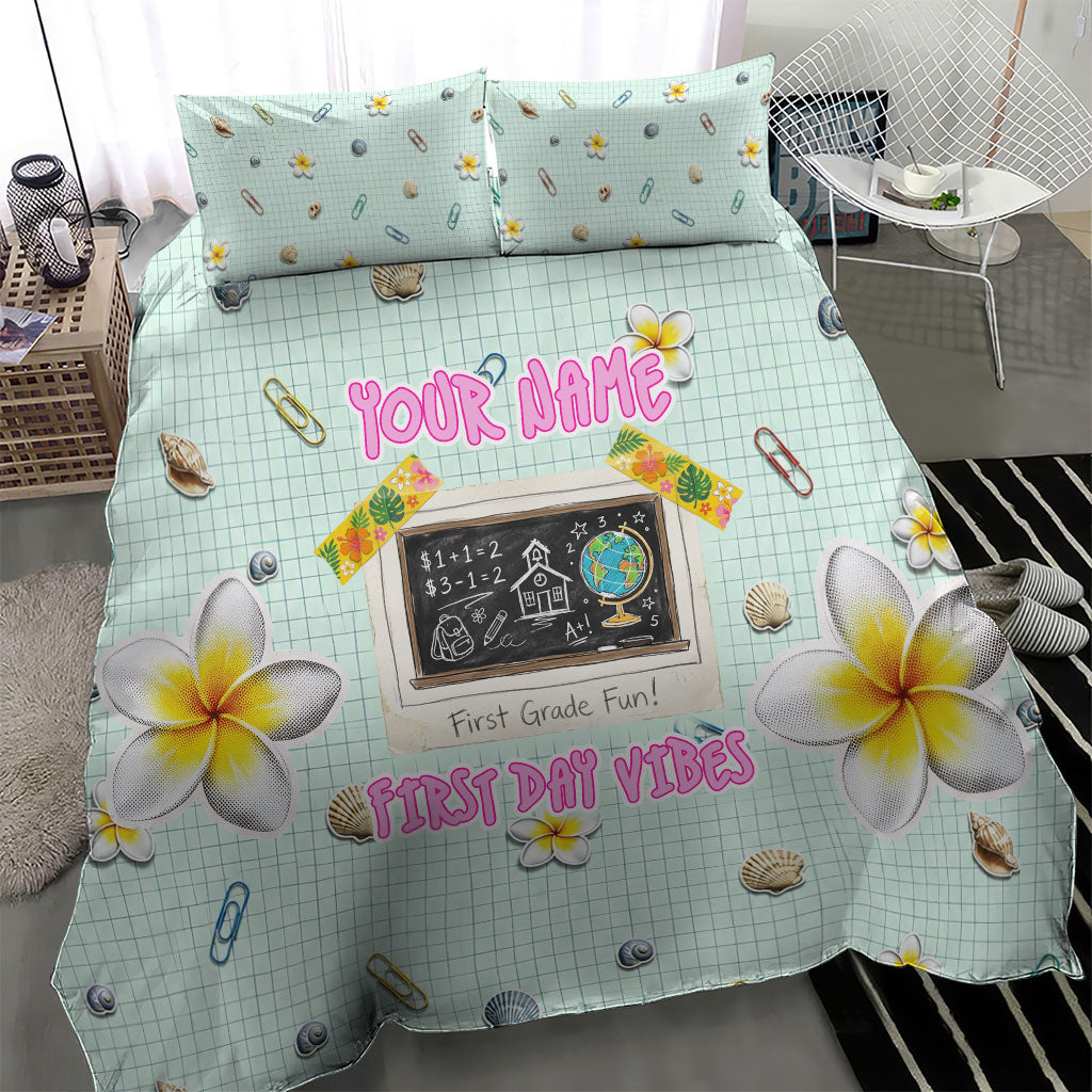 Personalized Hawaii Back To School Dolphin Bedding Set Grid Notebook Background With Dolphin Mascot And Plumeria Flowers TS04 - Polynesian Pride