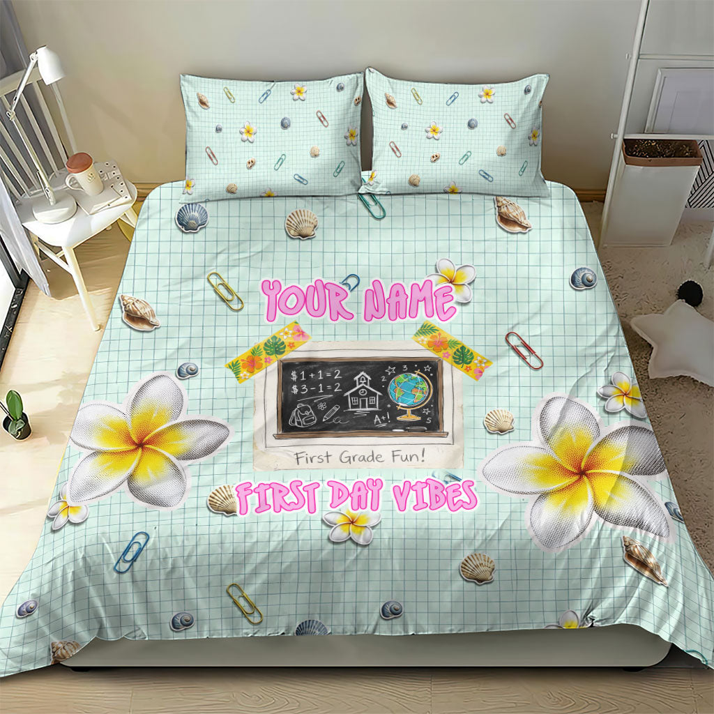 Personalized Hawaii Back To School Dolphin Bedding Set Grid Notebook Background With Dolphin Mascot And Plumeria Flowers TS04 - Polynesian Pride