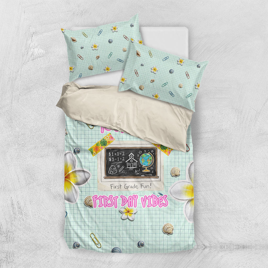 Personalized Hawaii Back To School Dolphin Bedding Set Grid Notebook Background With Dolphin Mascot And Plumeria Flowers TS04 US Twin 172cm x 218cm Green White - Polynesian Pride